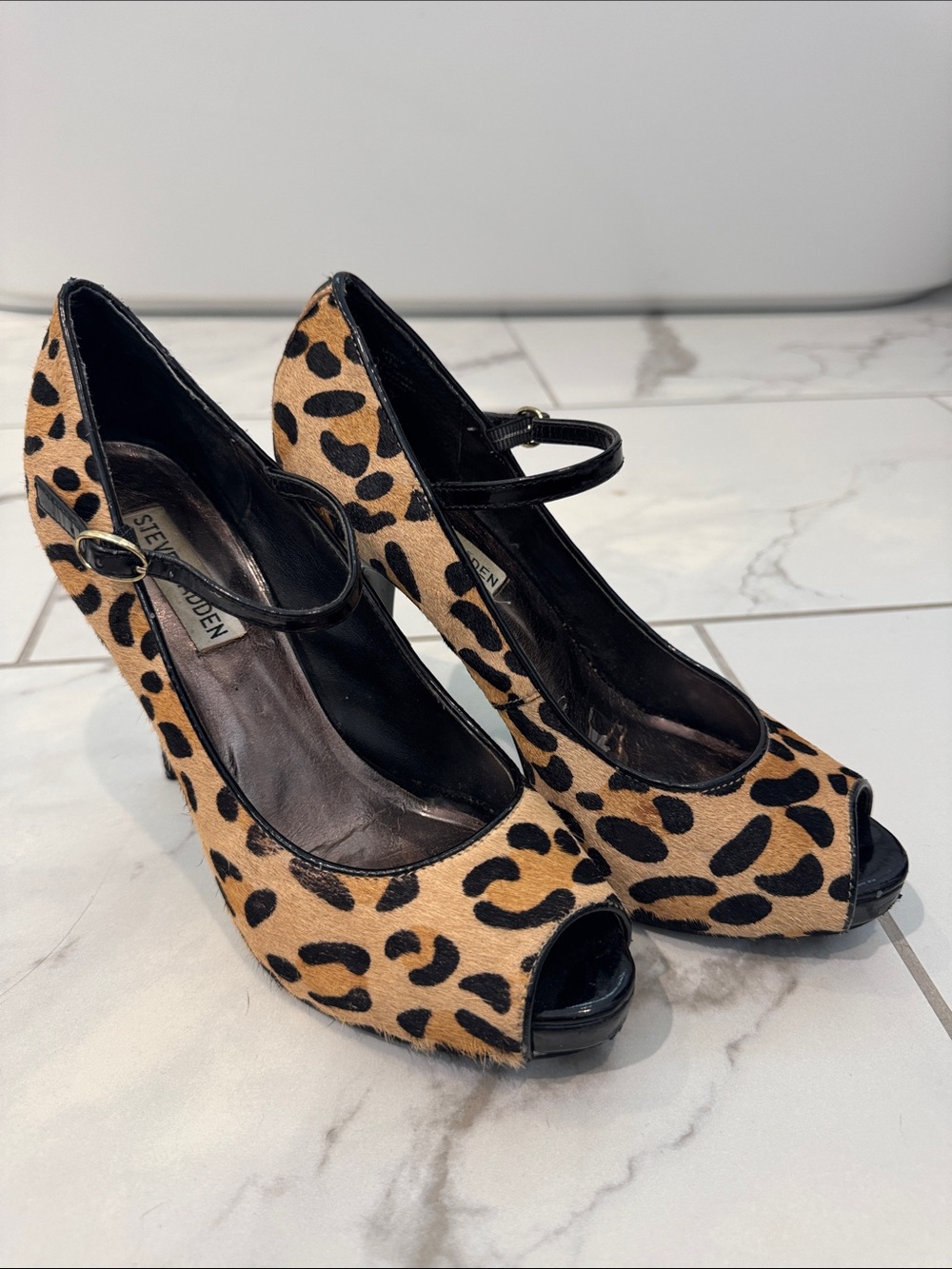 Steve Madden Leopard Print Peep-Toe Heels - Tan & Black